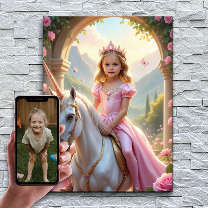 A Princesa do Unicórnio de Rosas – antes e depois: a foto enviada e o quadro pronto