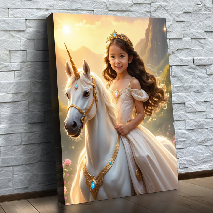 A Princesa do Unicórnio do Pôr do Sol – quadro canvas personalizado com o rosto da criança, na parede