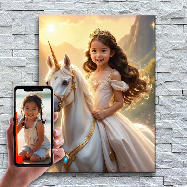 A Princesa do Unicórnio do Pôr do Sol – antes e depois: a foto enviada e o quadro pronto