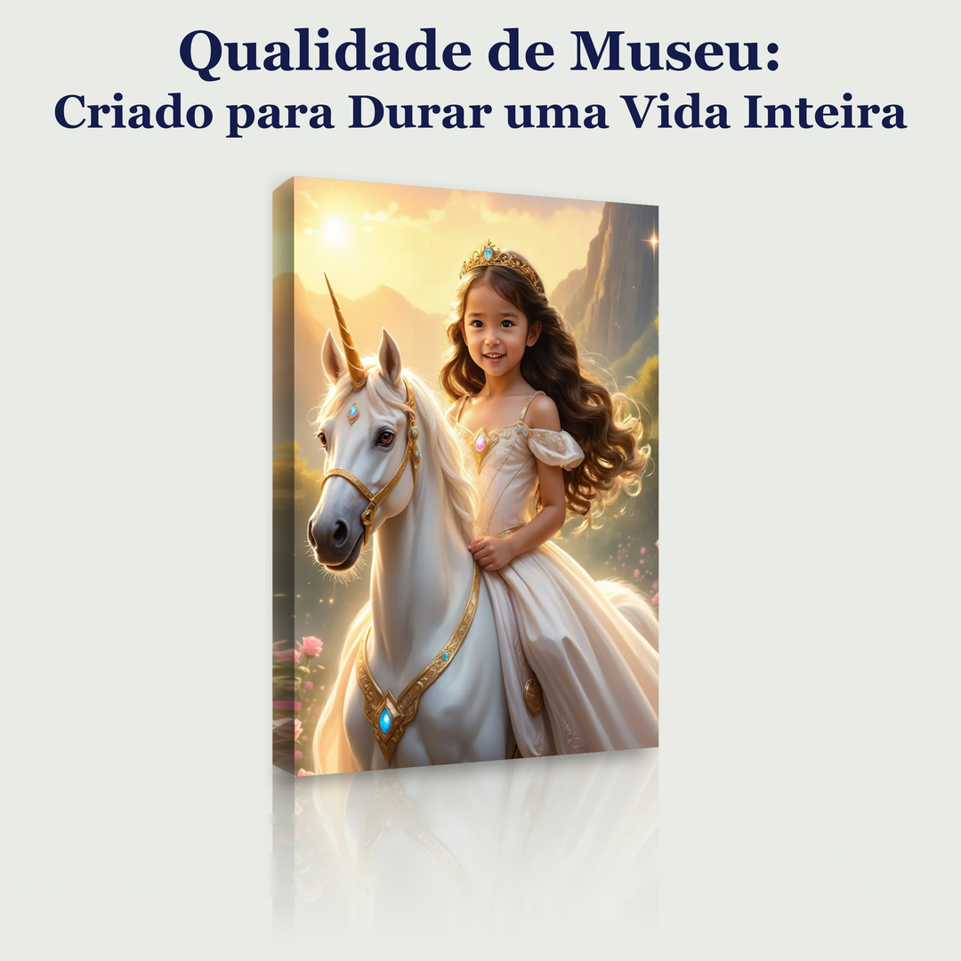 A Princesa do Unicórnio do Pôr do Sol – quadro canvas personalizado, qualidade de museu, criado para durar uma vida inteira