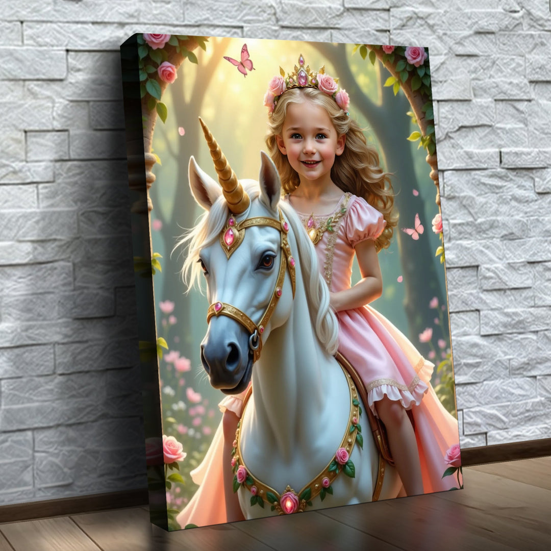 A Princesa do Unicórnio Encantado – quadro canvas personalizado com o rosto da criança, na parede