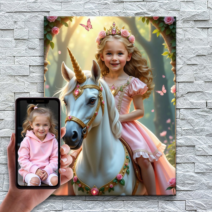A Princesa do Unicórnio Encantado – antes e depois: a foto enviada e o quadro pronto