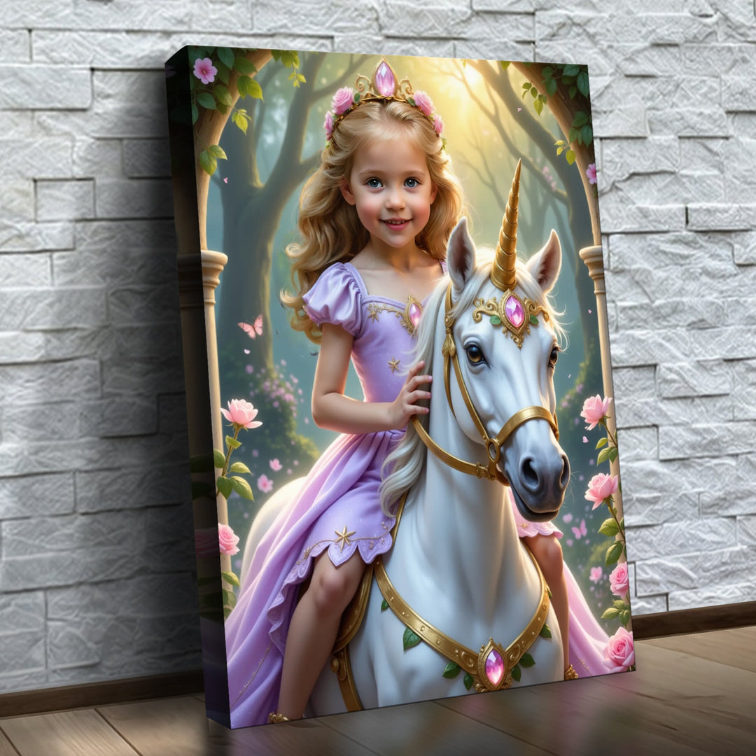 A Princesa do Unicórnio Lavanda – quadro canvas personalizado com o rosto da criança, na parede