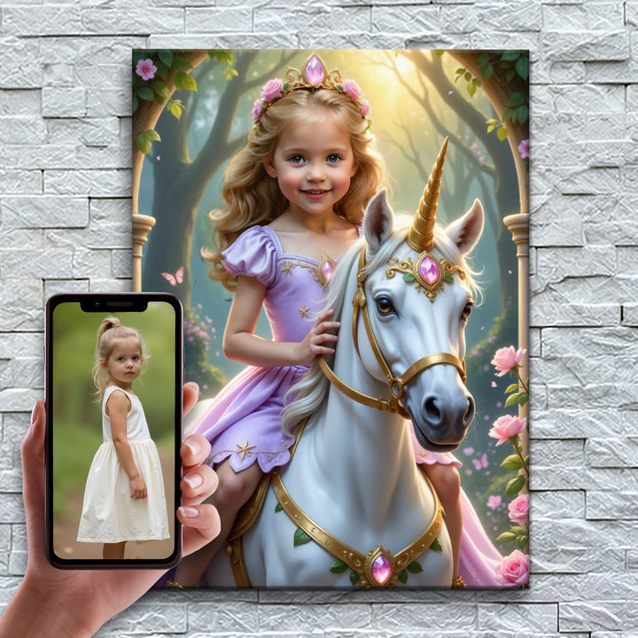 A Princesa do Unicórnio Lavanda – antes e depois: a foto enviada e o quadro pronto
