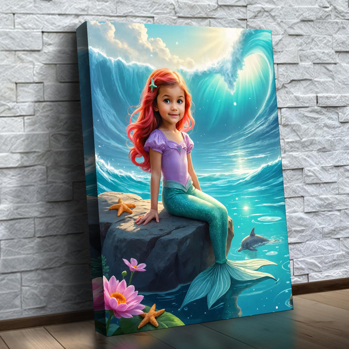 A Princesa dos Golfinhos – quadro canvas personalizado com o rosto da criança, na parede