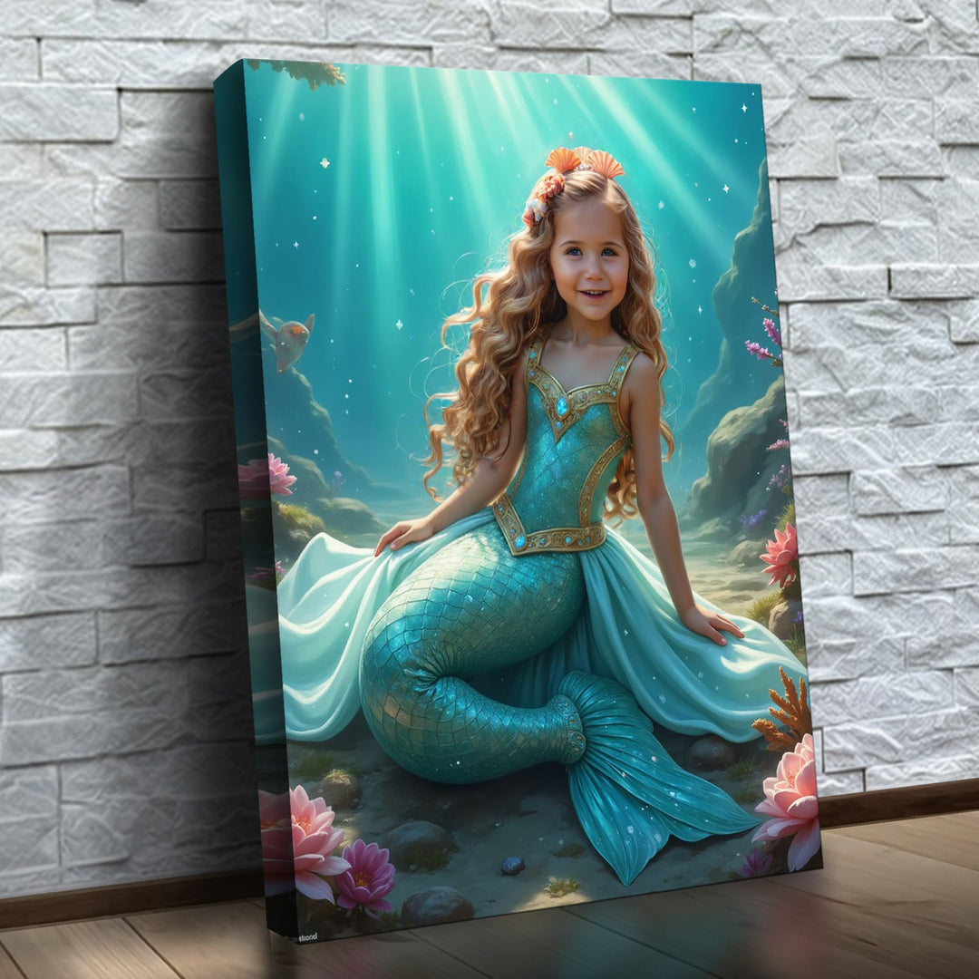 A Princesa Sereia – quadro canvas personalizado com o rosto da criança, na parede