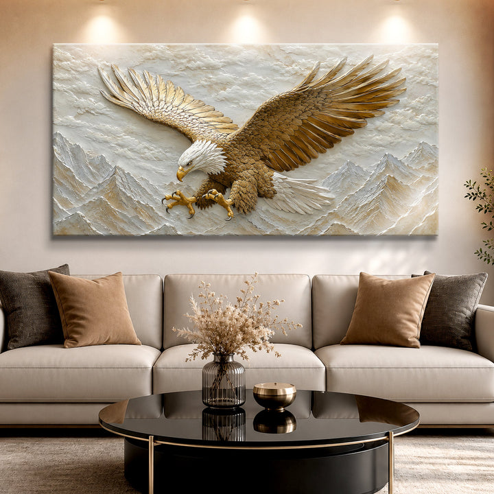 Quadro Águia Dourada acima do sofá com almofadas marrons e mesa preta redonda
