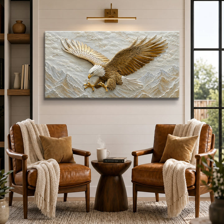 Quadro Águia Dourada acima de duas poltronas de couro, em canto de leitura