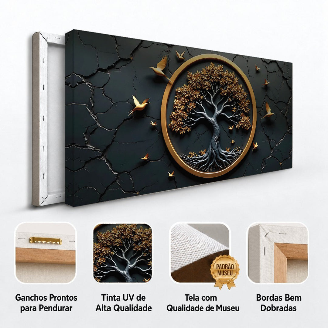 Detalhes do quadro Árvore da Vida: ganchos para pendurar, tinta UV, tela de museu e bordas dobradas