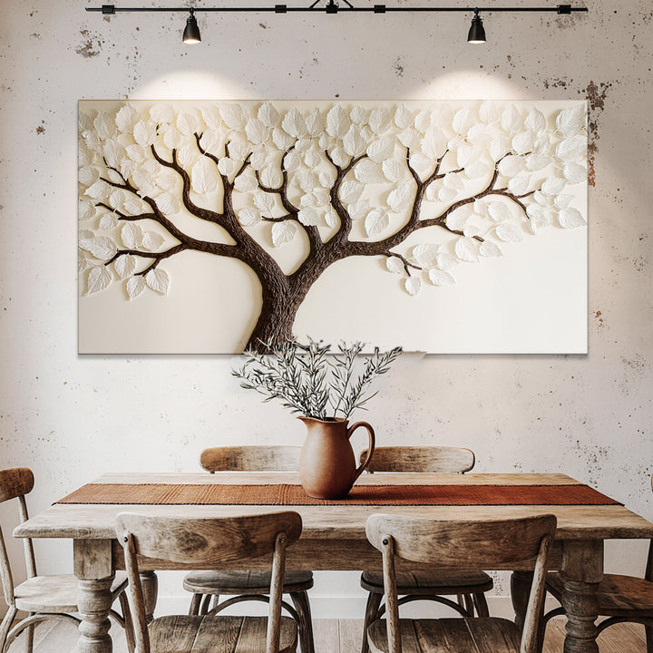 Quadro Árvore de Marfim acima da mesa de jantar rústica