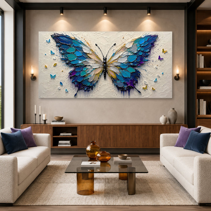 Quadro Asas da Liberdade na sala de estar, com estante de madeira ao lado