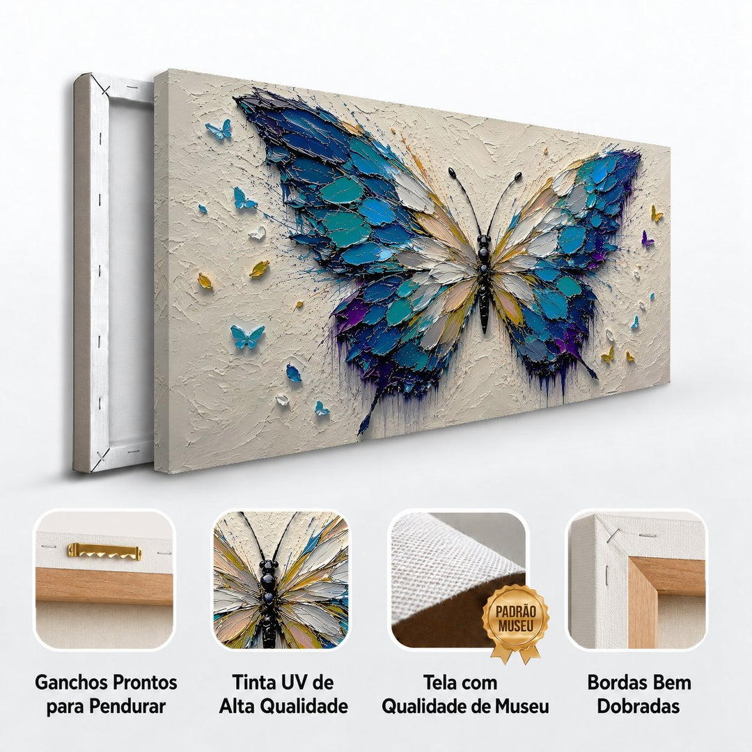 Detalhes do quadro Asas da Liberdade: ganchos para pendurar, tinta UV, tela de museu e bordas dobradas