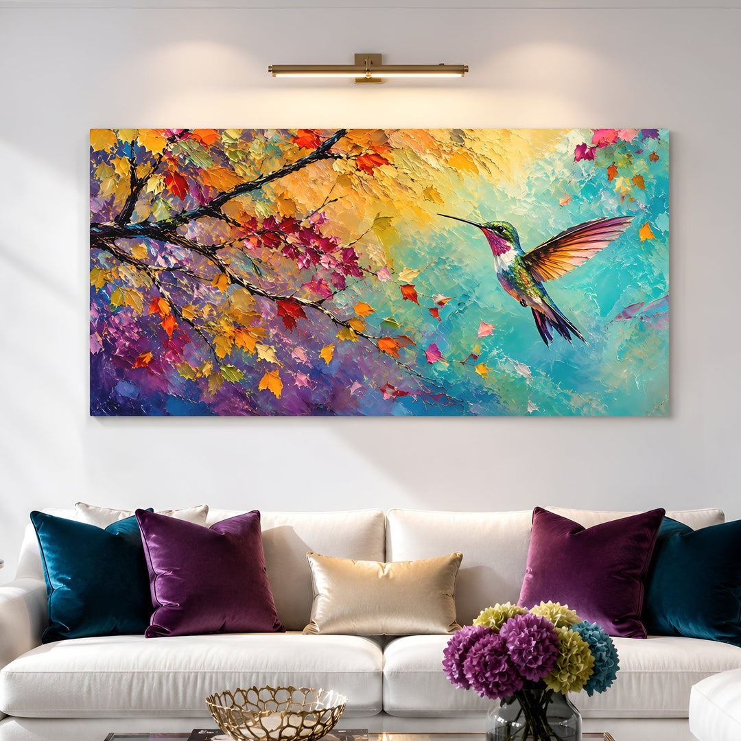 Quadro Beija-flor de Outono na sala de estar, com flores sobre a mesa