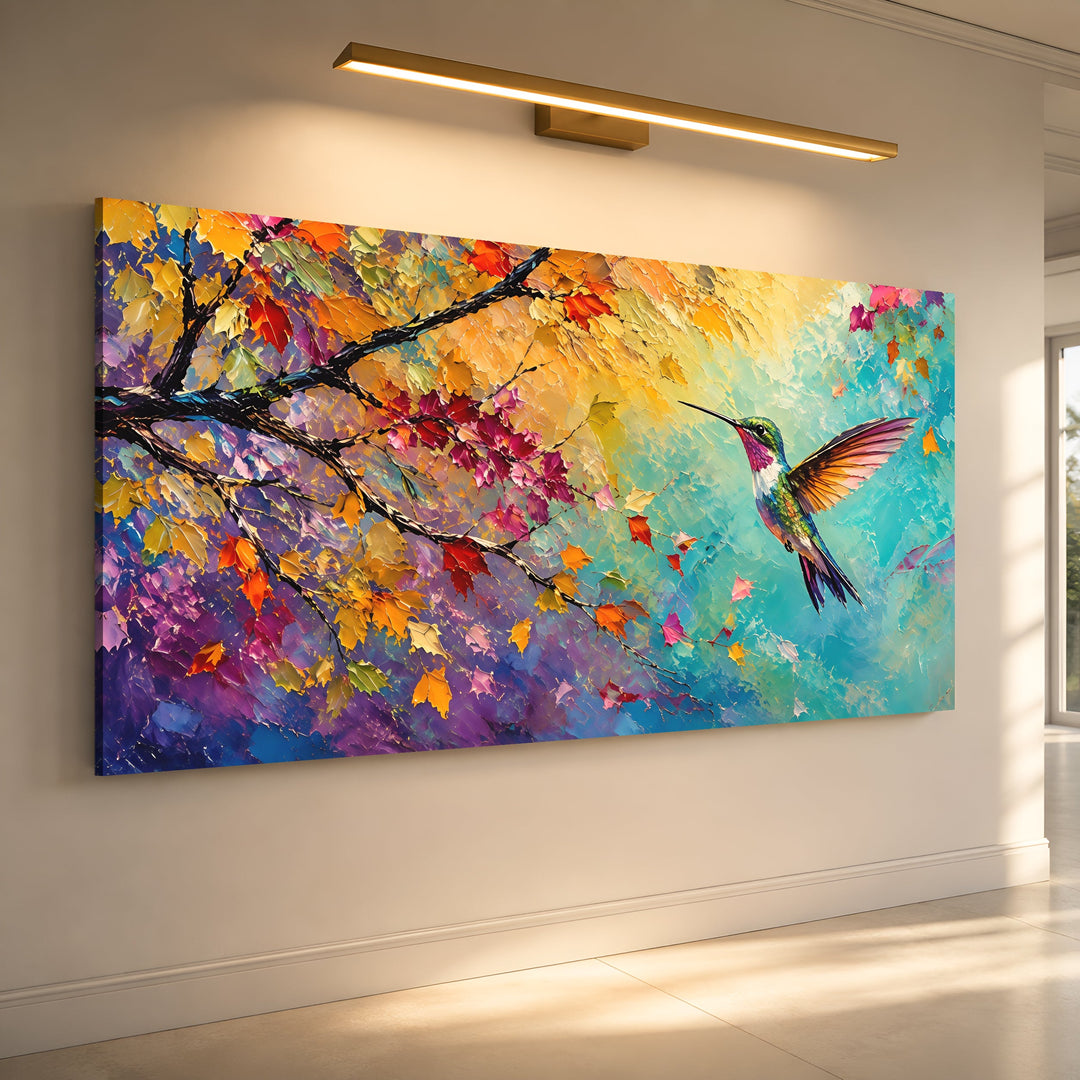 Quadro Beija-flor de Outono em vista angulada, na parede clara