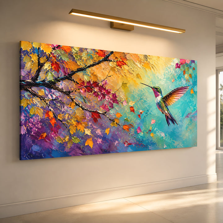 Quadro Beija-flor de Outono em vista angulada, na parede clara