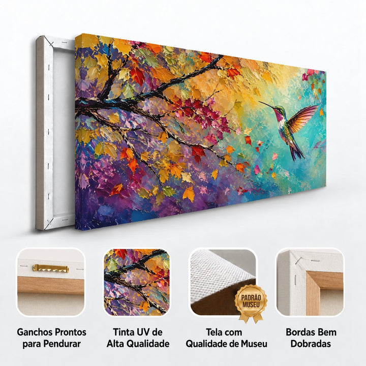 Detalhes do quadro Beija-flor de Outono: ganchos para pendurar, tinta UV, tela de museu e bordas dobradas
