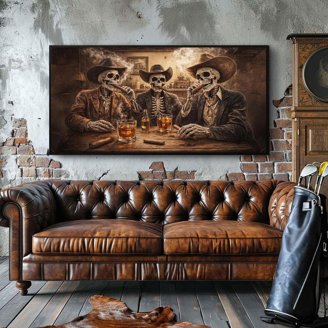 Quadro Os Mortos Contam Histórias acima de sofá chesterfield, em sala com relógio de pêndulo e tijolos aparentes