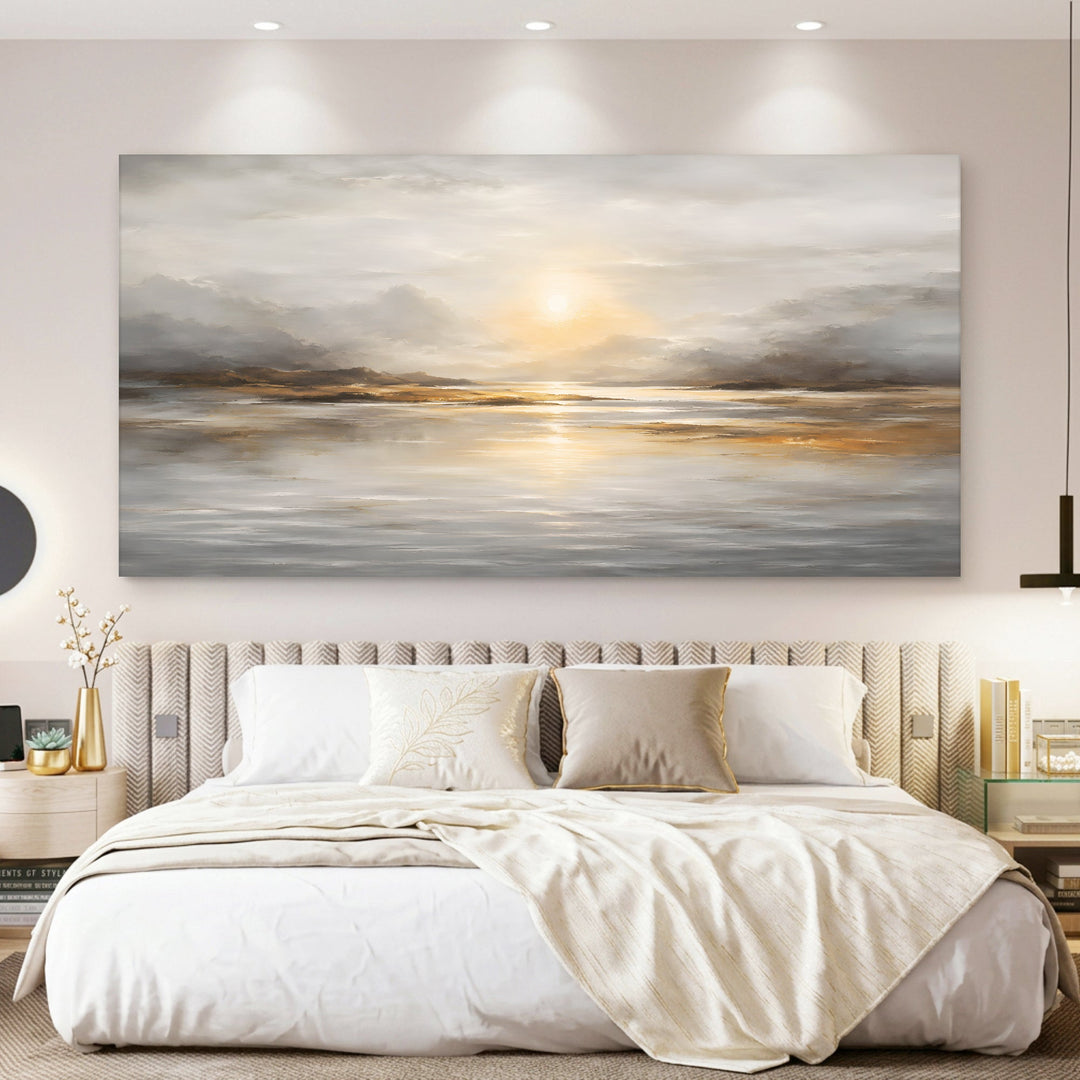 Quadro Calmaria Dourada acima da cabeceira estofada em quarto com roupa de cama branca