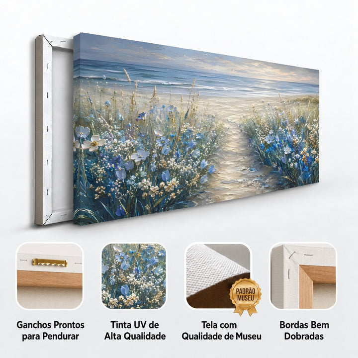 Detalhes do quadro Caminho para o Mar: ganchos para pendurar, tinta UV, tela de museu e bordas dobradas