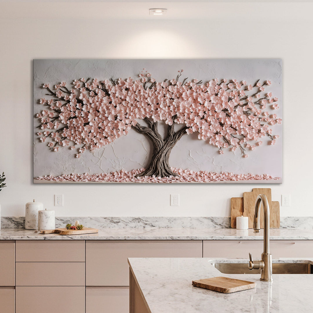 Quadro Cerejeira em Flor em cozinha com bancada de mármore e armários rosados