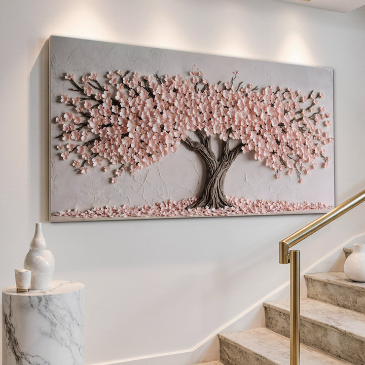 Quadro Cerejeira em Flor visto de lado, na parede da escada com corrimão dourado