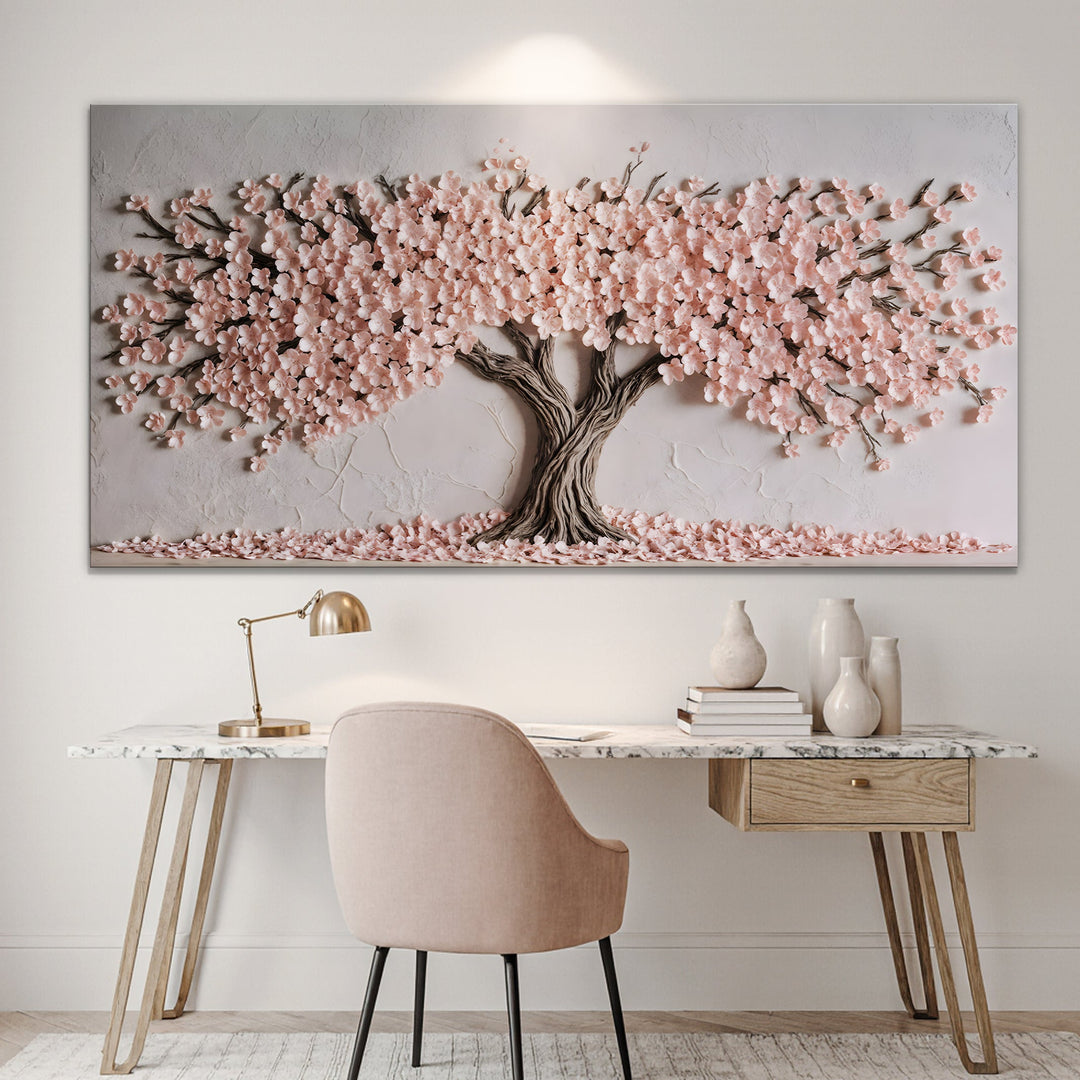 Quadro Cerejeira em Flor acima de escrivaninha com cadeira rosa e luminária dourada