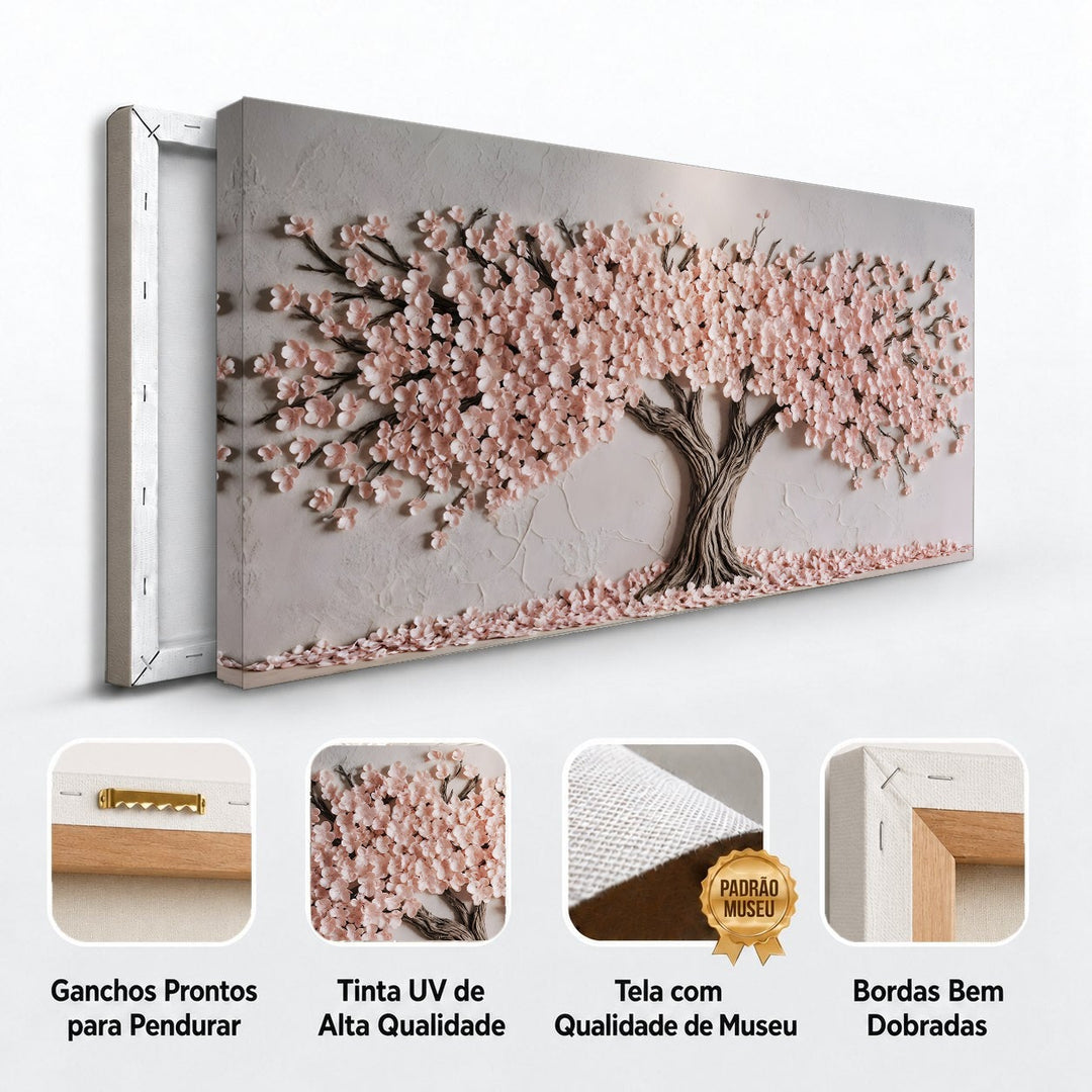 Detalhes do quadro Cerejeira em Flor: ganchos para pendurar, tinta UV, tela de museu e bordas dobradas