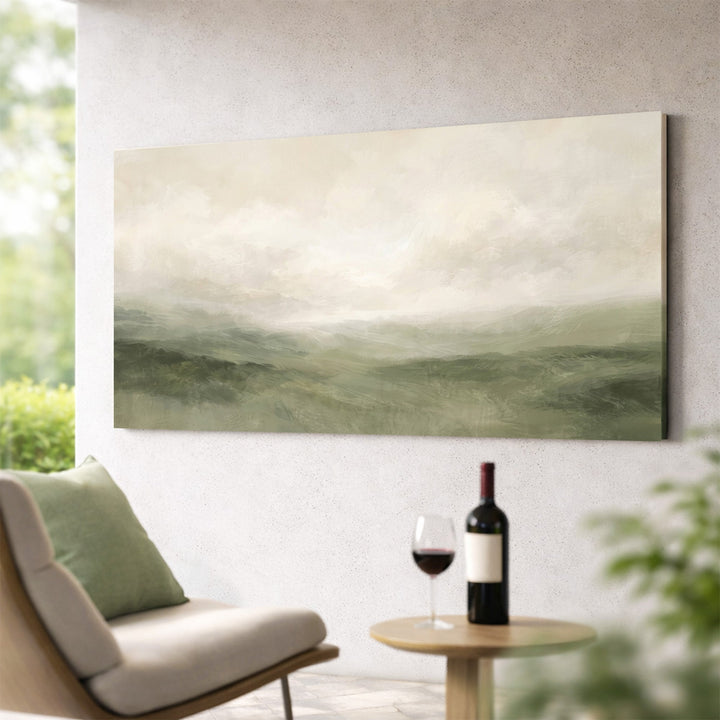 Quadro Colinas Verdes ao lado da poltrona, em sala clara