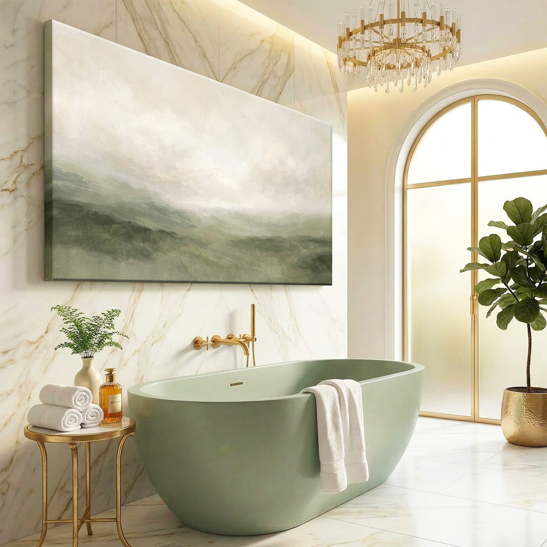 Quadro Colinas Verdes no banheiro, acima da banheira verde