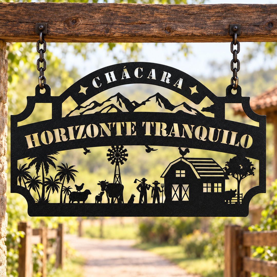 Horizonte Tranquilo em metal preto pendurada por correntes em entrada rural