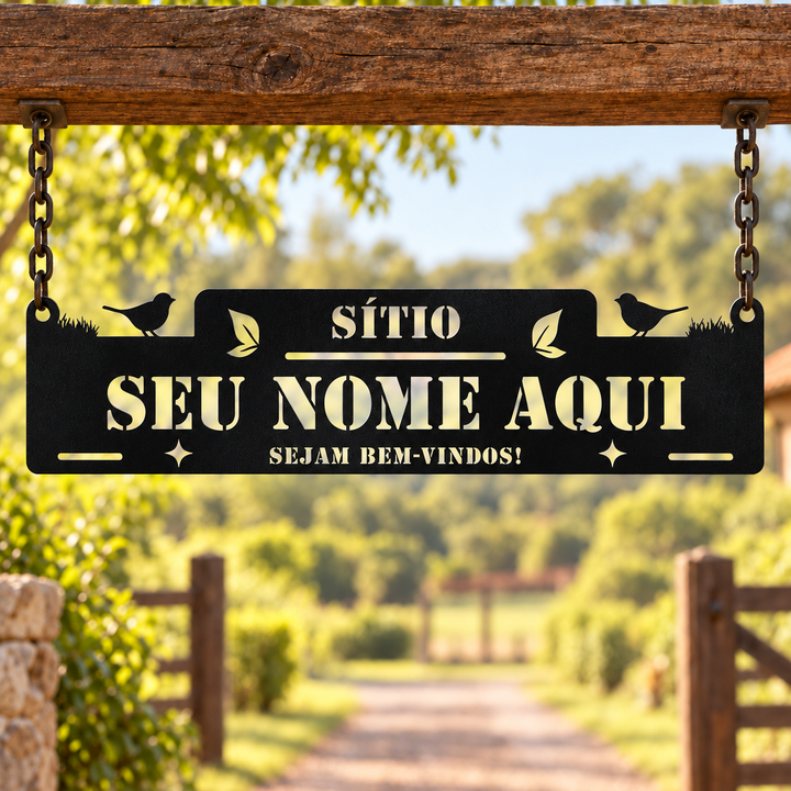 Sítio com Pássaros em metal preto pendurada por correntes em entrada rural