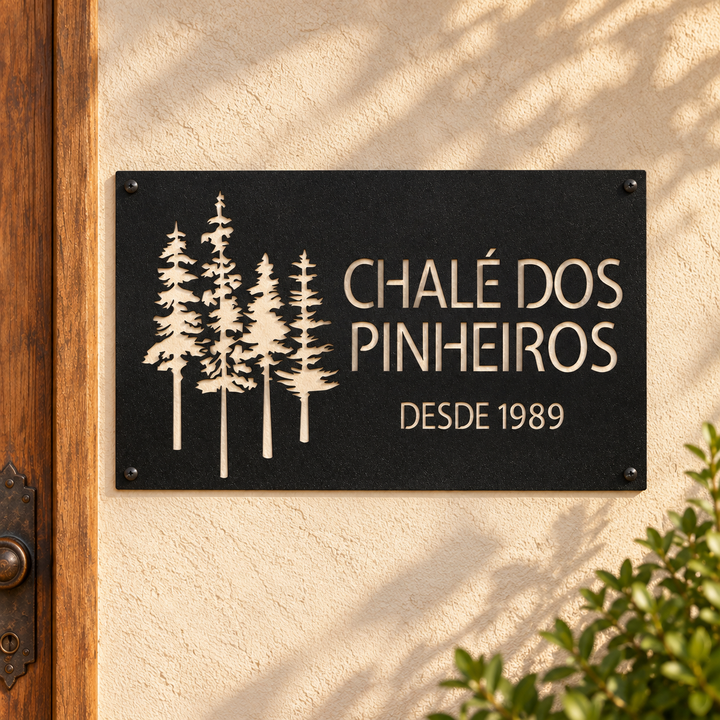 Chalé dos Pinheiros em metal preto instalada na parede em ambiente