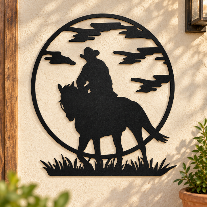 Monograma Cowboy e Cavalo em metal preto fixada na parede em ambiente