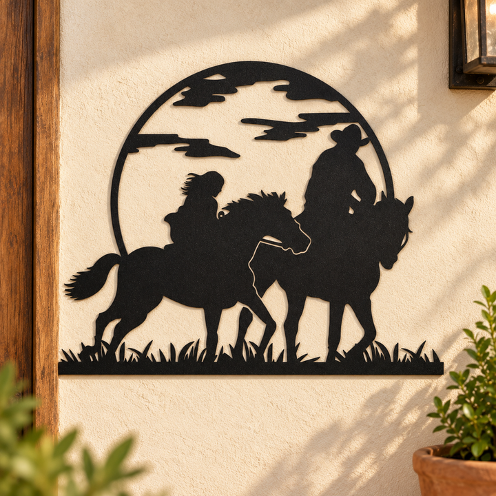 Monograma Casal a Cavalo em metal preto fixada na parede em ambiente