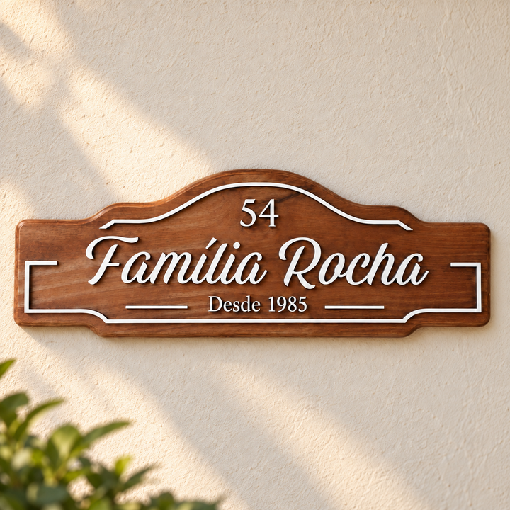 Placa Sobrenome e Endereço personalizada em ambiente decorado