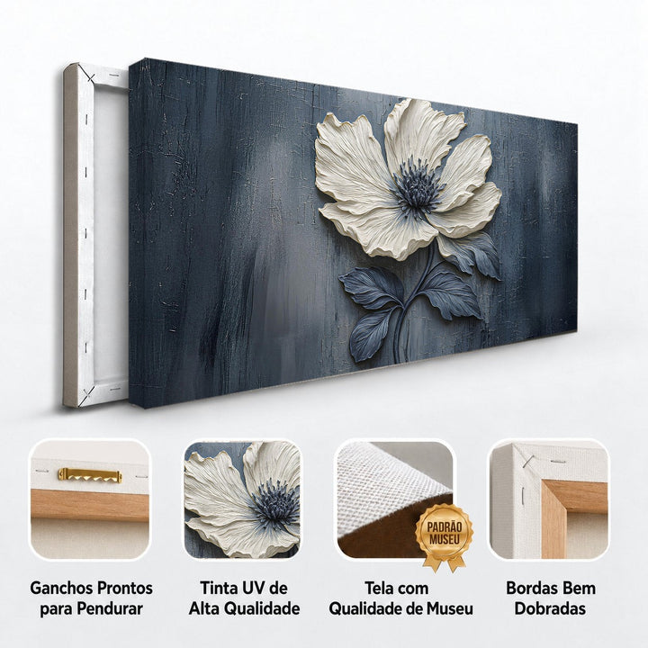 Detalhes do quadro Flor Noturna: ganchos para pendurar, tinta UV, tela de museu e bordas dobradas