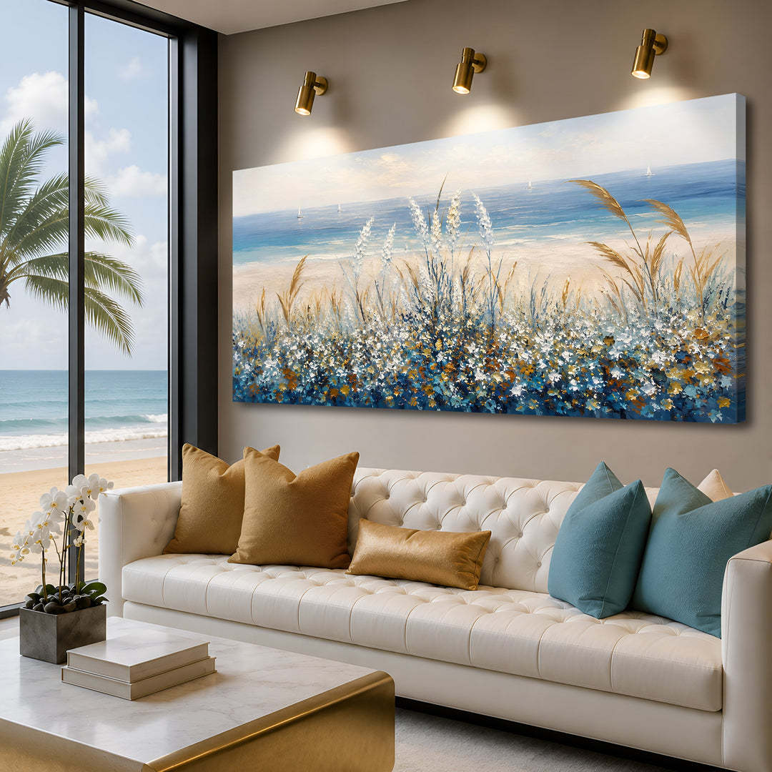 Quadro Flores à Beira-mar em sala com vista para a praia