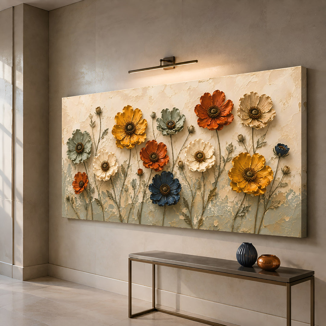 Quadro Flores do Campo em ângulo acima de aparador estreito com arandela dourada