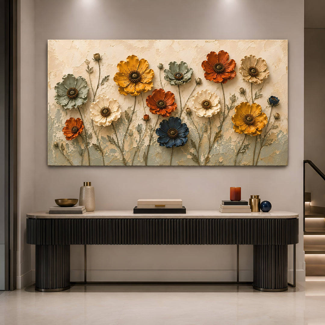 Quadro Flores do Campo acima de aparador preto canelado em hall de entrada