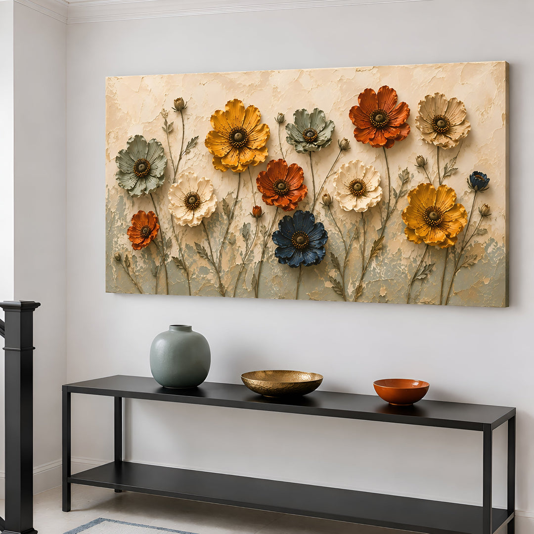 Quadro Flores do Campo acima de aparador preto com vaso verde e tigelas de cobre