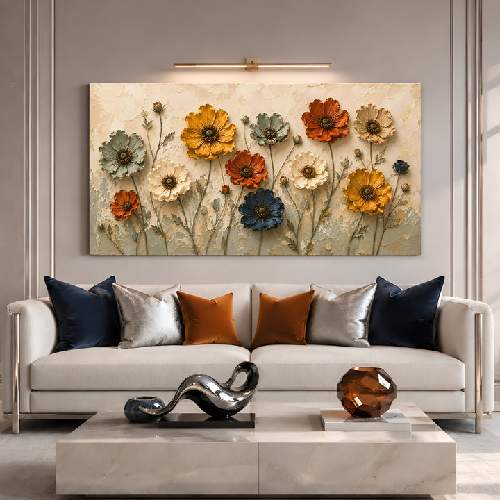 Quadro Flores do Campo acima de sofá branco com almofadas azul-marinho e laranja