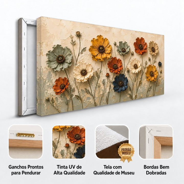 Detalhes do quadro Flores do Campo: ganchos para pendurar, tinta UV, tela de museu e bordas dobradas