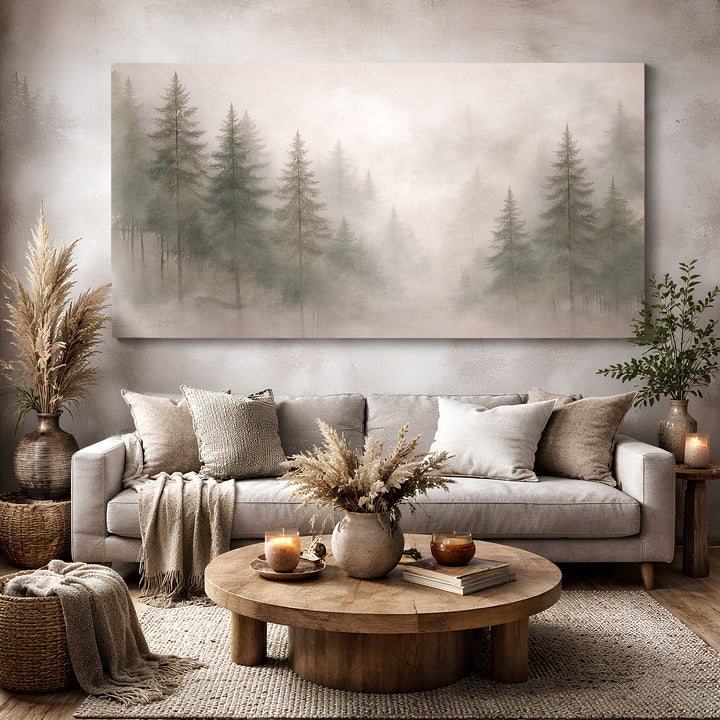 Quadro Floresta na Neblina acima do sofá, em sala de tons claros