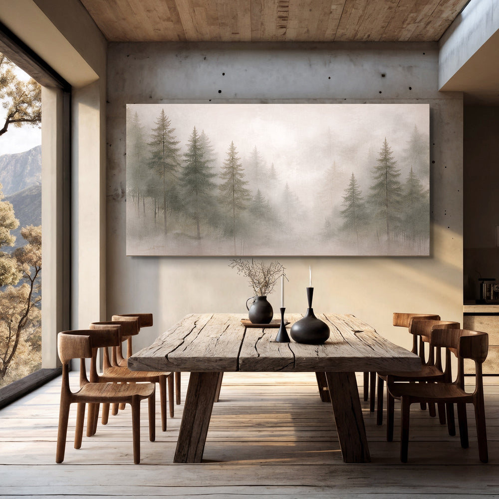 Quadro Floresta na Neblina acima da mesa de jantar de madeira
