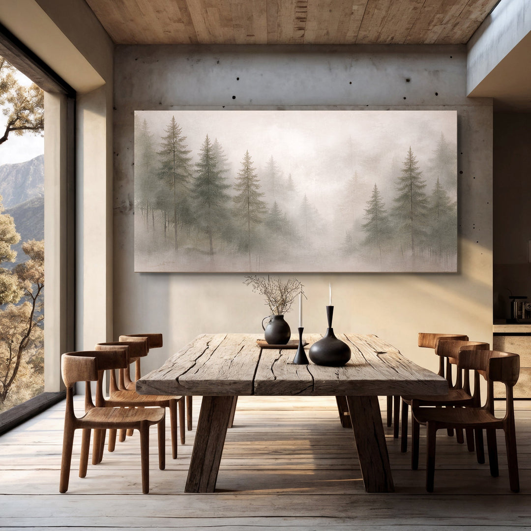 Quadro Floresta na Neblina acima da mesa de jantar de madeira