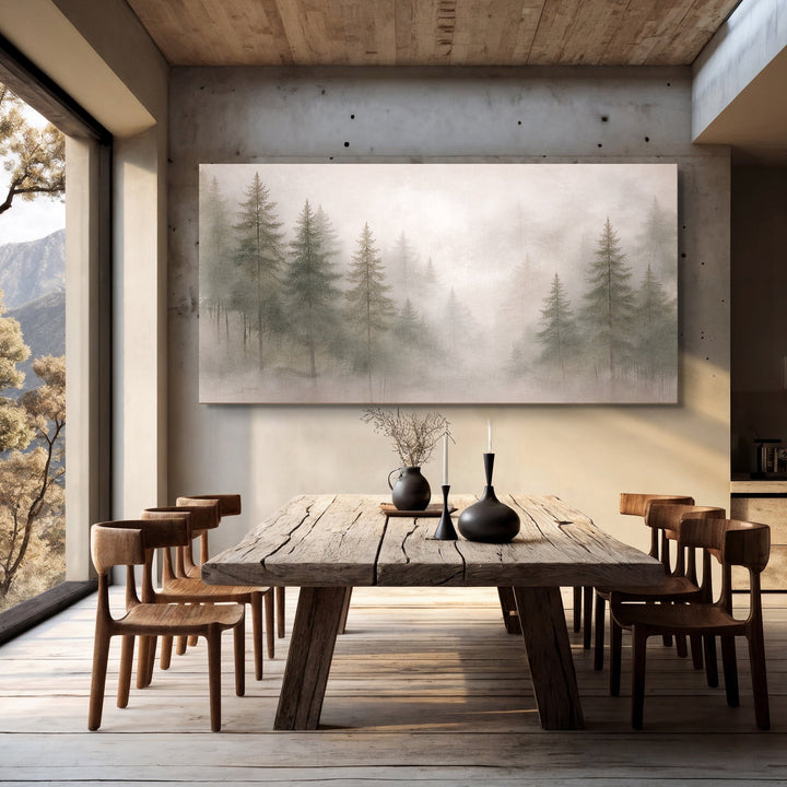 Quadro Floresta na Neblina acima da mesa de jantar de madeira