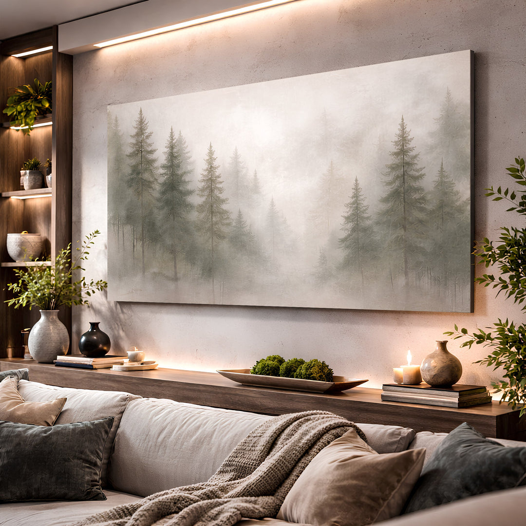 Quadro Floresta na Neblina na sala de estar, com plantas e velas no aparador