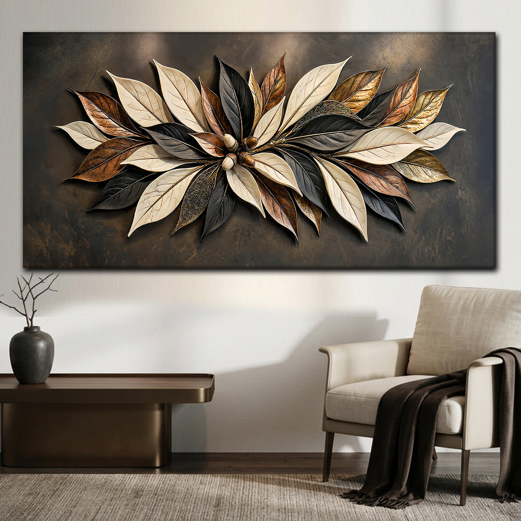 Quadro Folhagem de Bronze em sala com aparador escuro e poltrona clara, vista frontal