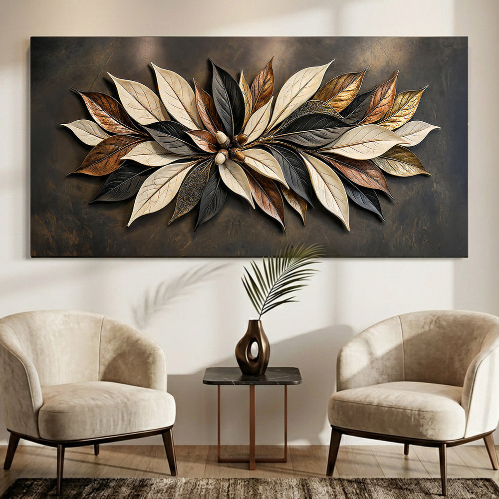 Quadro Folhagem de Bronze sobre mesa lateral entre duas poltronas claras