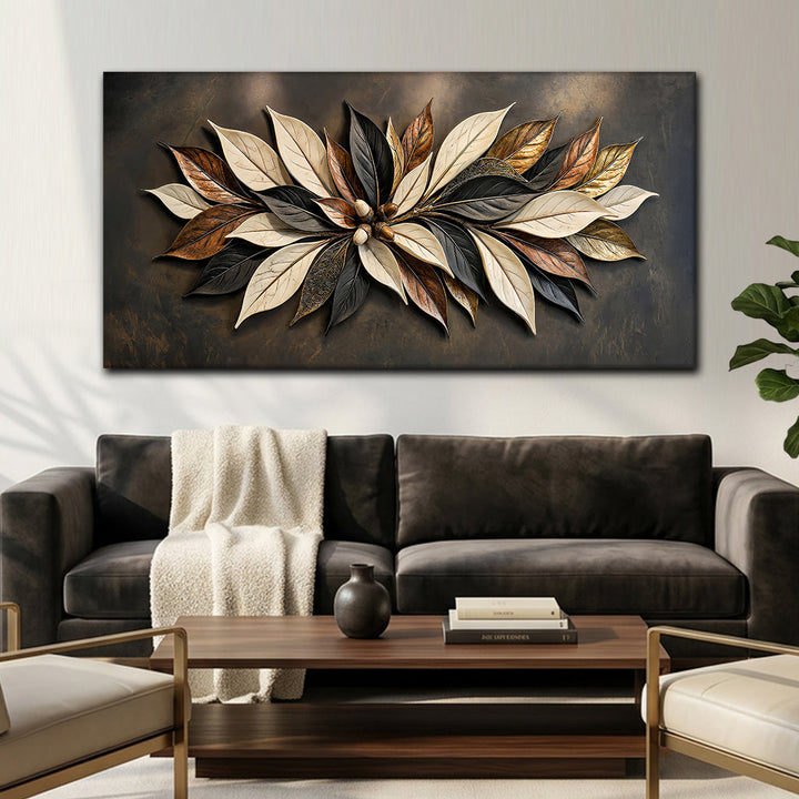 Quadro Folhagem de Bronze acima de sofá marrom escuro em sala de estar